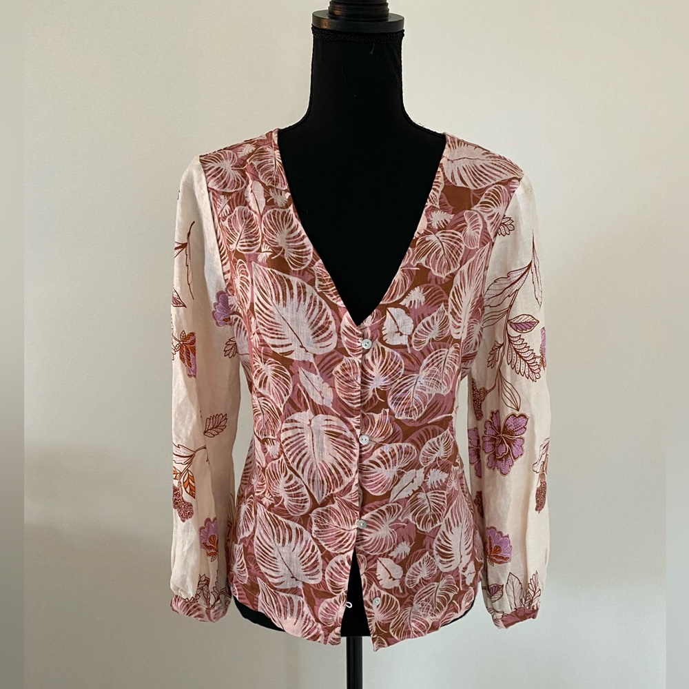 TAHARI Women’s 100% Linen Button Up Printed Shirt Blouse Women’s Size XS